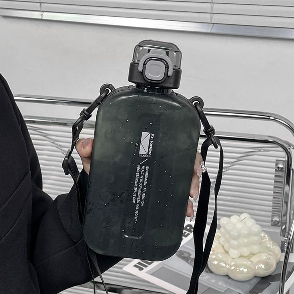 Optifit Water Bottle with Shoulder Strap, Hot & Cold Water Bottle with One Touch Button Lid, BPA Free Water Bottle for Sports, Gym, Outdoor, Travel (Black)