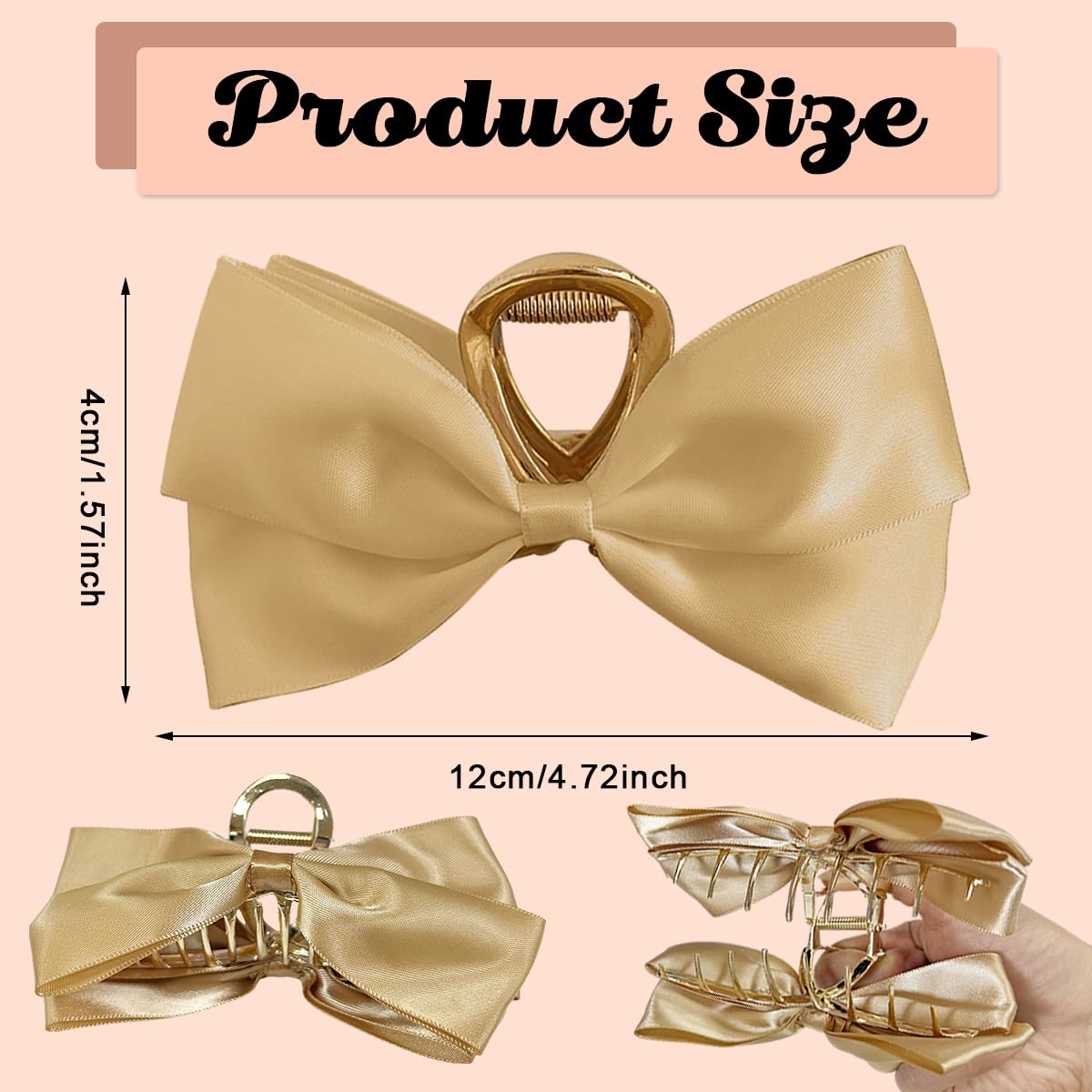 PALAY Large Bow Hair Claw Clips for Women Metal Hair Bow Claw Clip for Medium Thick Hair, Non-slip Strong Hold Golden Big Hair Clamp - Casual & Formal Wear