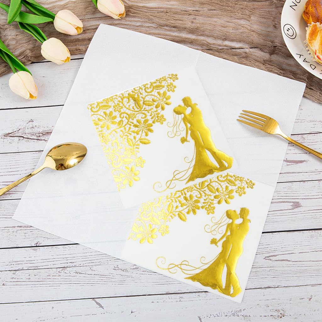 PATPAT 20Pcs Wedding Tissue Papers 12.9 inches Golden Embossing Couple Illustration Tissue Papers Wedding Table Setting Tissue Papers Romantic Tissue Paper Nature Wood Pulp Tissue Papers