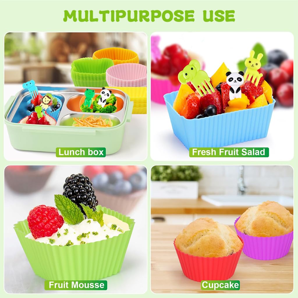 HASTHIP 40pcs Silicone Cupcake Mold Liners & 10Pcs Cartoon Kids Fruit Forks, 4 Shapes Creative Reuseable Cupcake Liners Food Grade Heat Resistant Silicone Cupcake Mold Liners