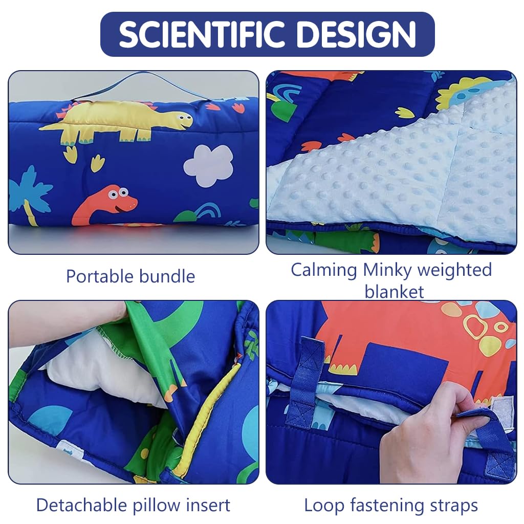 SNOWIE SOFT Kids Blanket Dinosaur Blanket for Boys Polyester Cotton Blanket for Kids, 3 in 1 Sleeping Mat with Pillow, Sheets, Toddler Folding Dinosaur Baby Blanket for 0-5 Years, 49.2x19.6 Inches