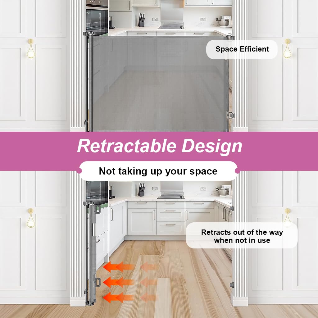 SNOWIE SOFT Retractable Baby Safety Gate Fence Gate with Lock, Buckle Door Barrier Staircase Gate Door Gate Barrier for Babies Toddler, Dogs, Cats, Pets in Balcony, Bedroom, Living Room, 33