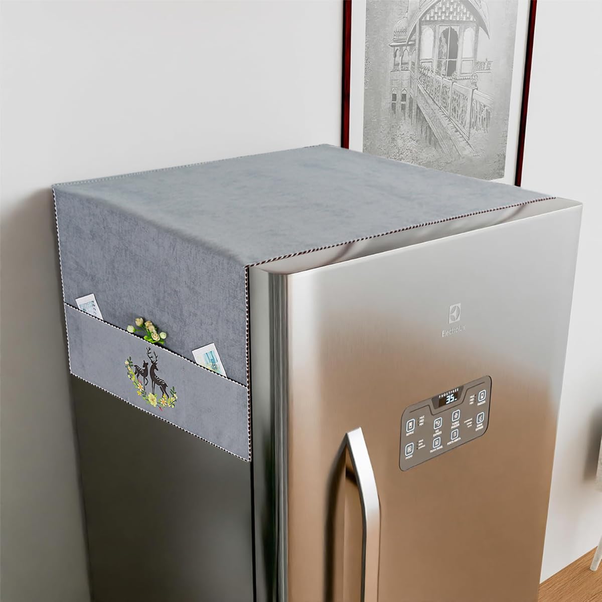 HASTHIP 1pcs Refrigerator Dust Proof Cover Fashion Print Top Cover for Refrigerator Chenille Plush Dust Cover with Pocket Kitchen Refrigerator Cover for Side-by-Side Refrigerator, 21.6 x55 inches