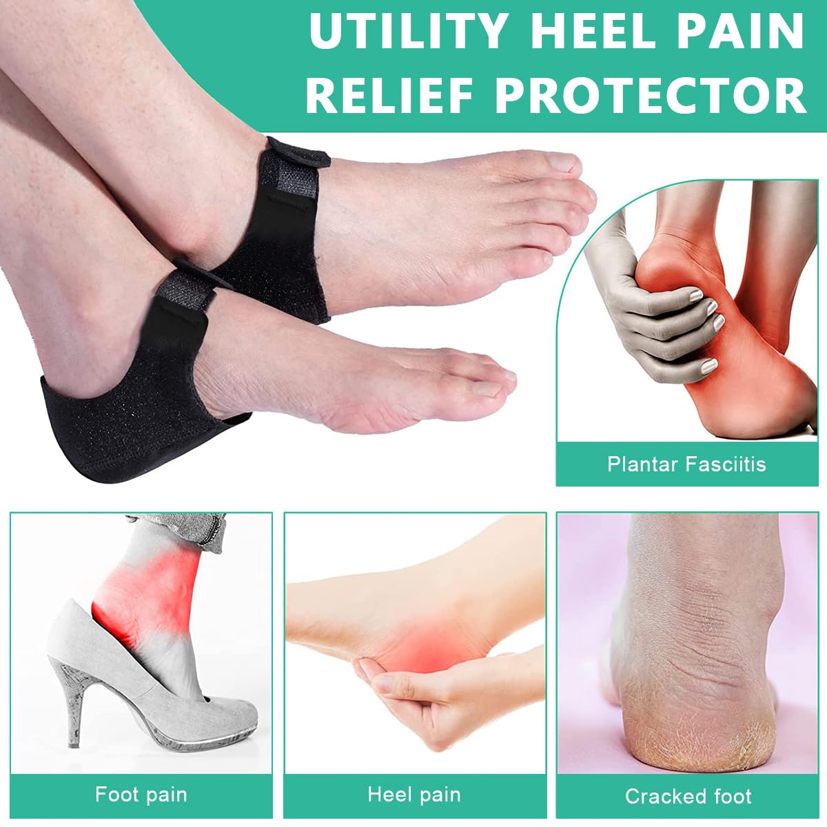 HANNEA 1 Pair Heel Protectors, Plantar Fasciitis Heel Cups with Silicone Gel Toe Cap, Heel Cushions Protectors Adjustable Breathable Heel Pads for Women Men Heel Cracked Pain Relief