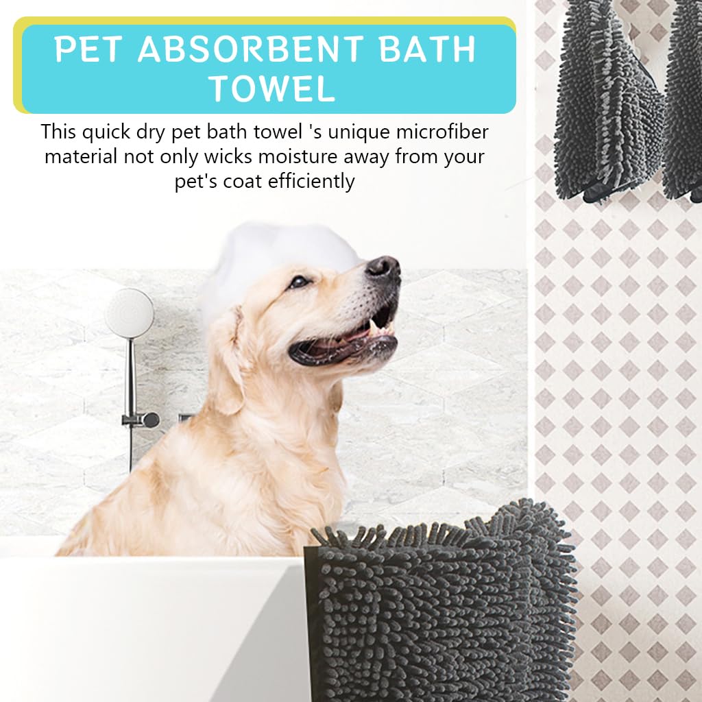 Qpets Dog Bath Towel, Pet Towel Microfiber Cat Grooming Towel Quick Dry Shower Towel with Pockets, Super Absorbent Dry Towel Dog Bathrobe Towel Soft Drying Coat for Cat Dog (80*35CM)
