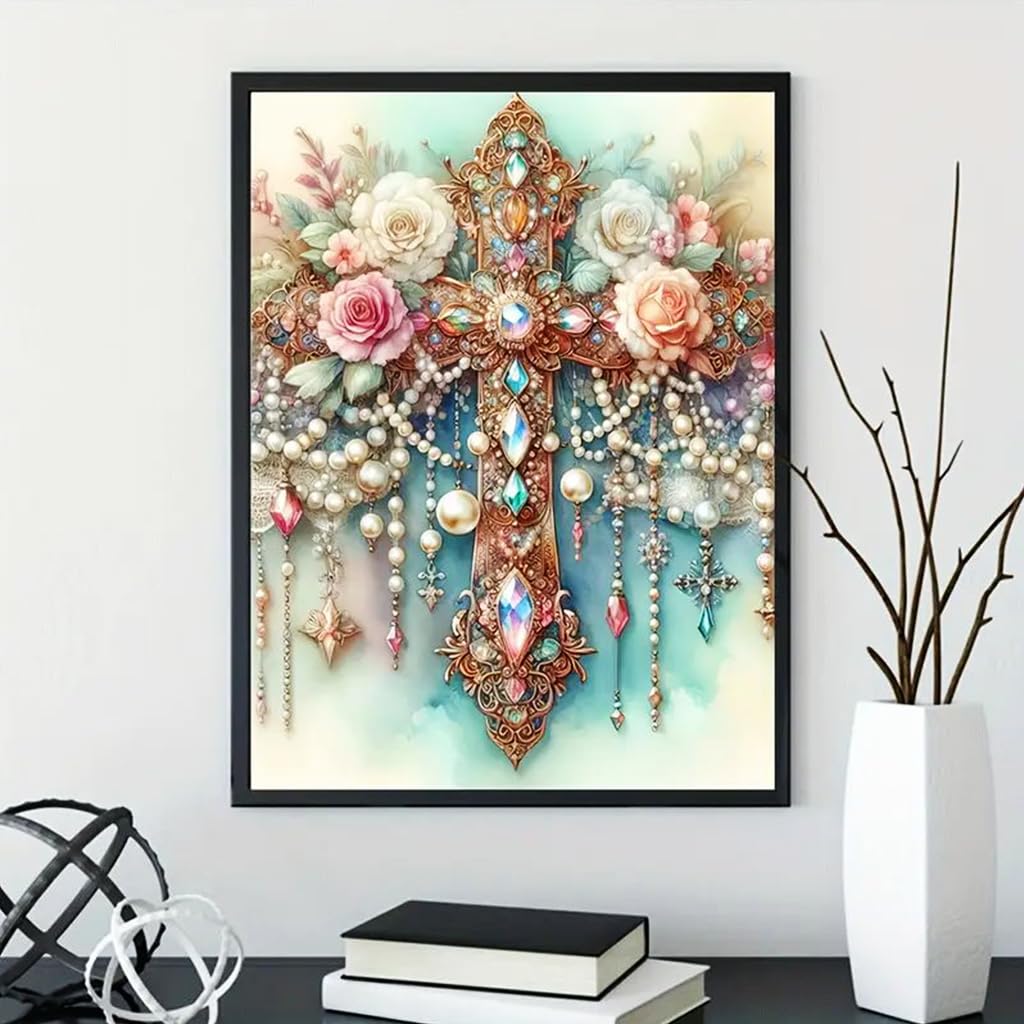 HASTHIP DIY 5D Diamond Art Painting Kit, Floral Rose Cross Art Crafts Kit for Adults Sparkling Full Diamond Art Painting Kit 5D Diamond Wall Decor Gift, 30x40 cm