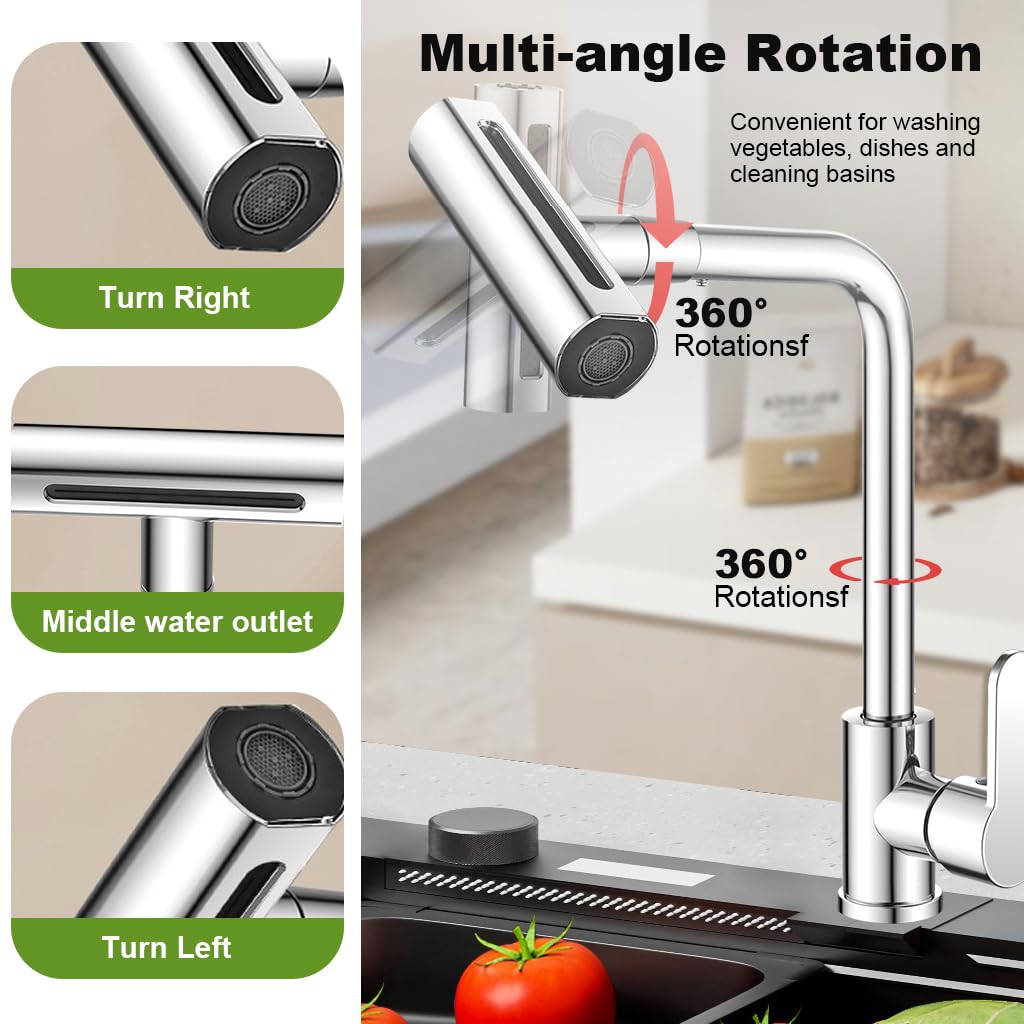HASTHIP Kitchen Faucet 4 in 1 Water Saving Faucet Modern Stainless Steel Sink Faucet with 4 Modes Waterfall Watering Faucet Jetting Faucet 360° Rotatable Mix Water Sink Faucet with 60cm Water Pipe