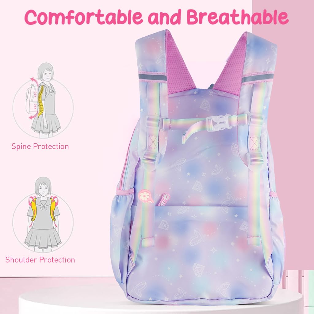 PALAY Girls School Backpack Girls School Backpack Stylish School Bags Dreamy Purple Cartoon Print Schoolgirls Backpack Large Burden Relief Oxford Cloth School Backpack Gift Children's Day Gift