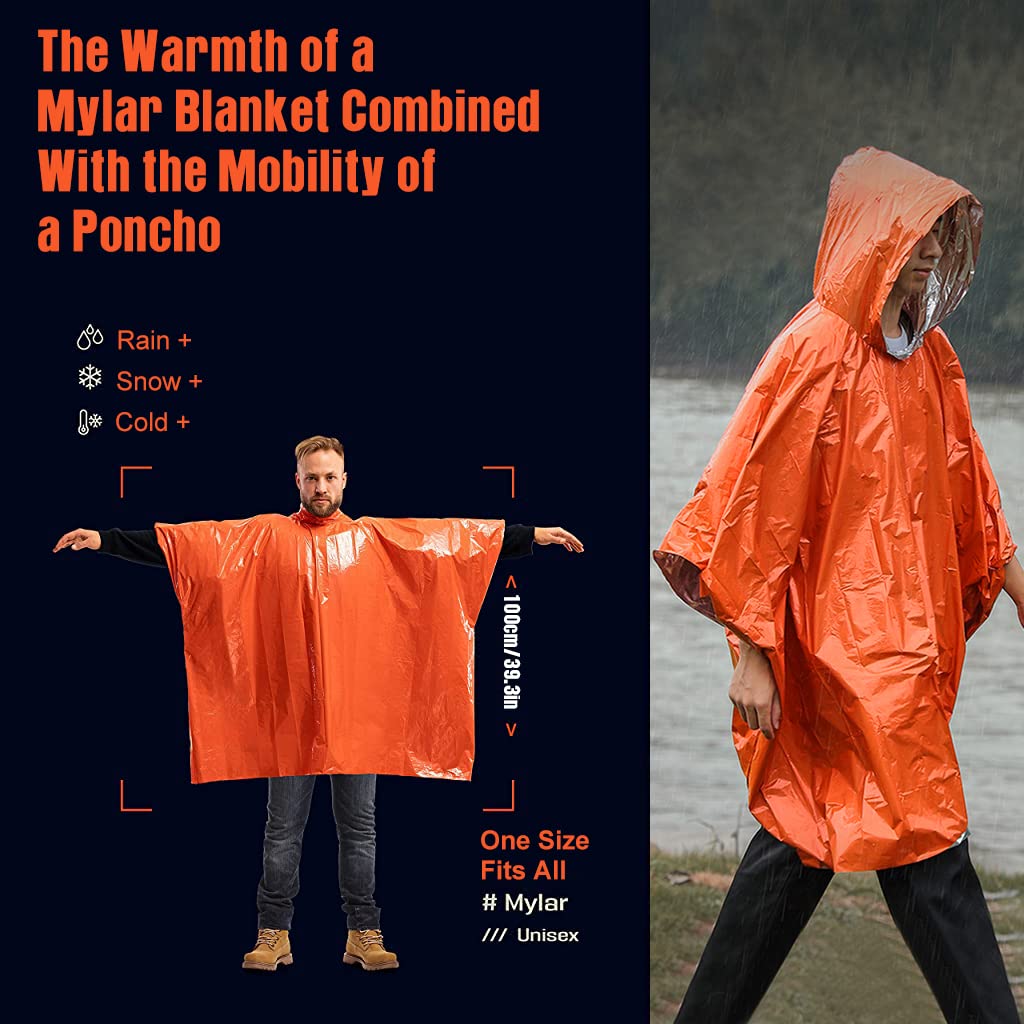 Optifit Emergency Blankets and Rain Coat for Adult, Reusable PE Aluminum Film Reversible Rain Poncho for Outdoor Survival, Camping, Emergency, Tear-Resistant, Bright Color, Keep Warm