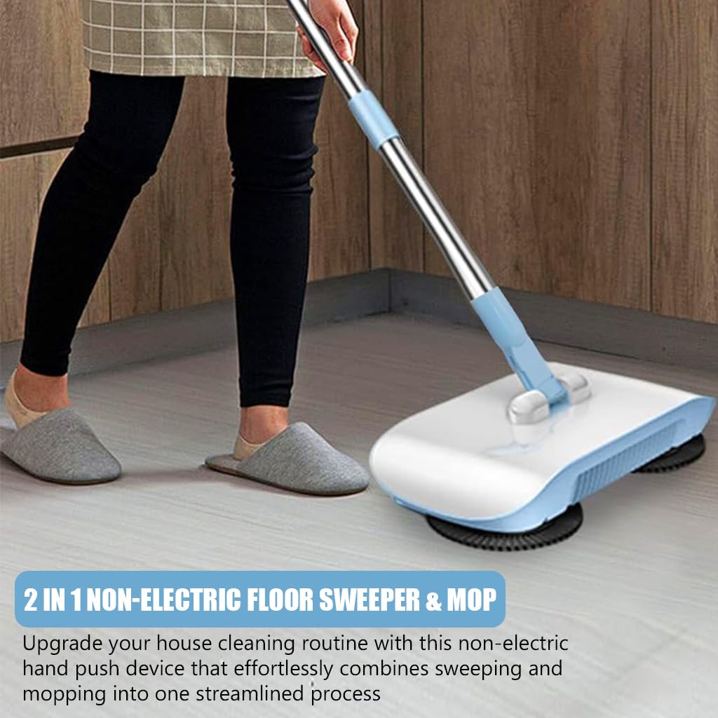 HASTHIP Manual Floor Sweeper & Mop, 2 in 1 Non-Electric Hand-Push Vacuum with 180° Spiral Dual Brushes, Sweeping Mop Crumb Sweeper for Carpet Floor Clean (Blue)