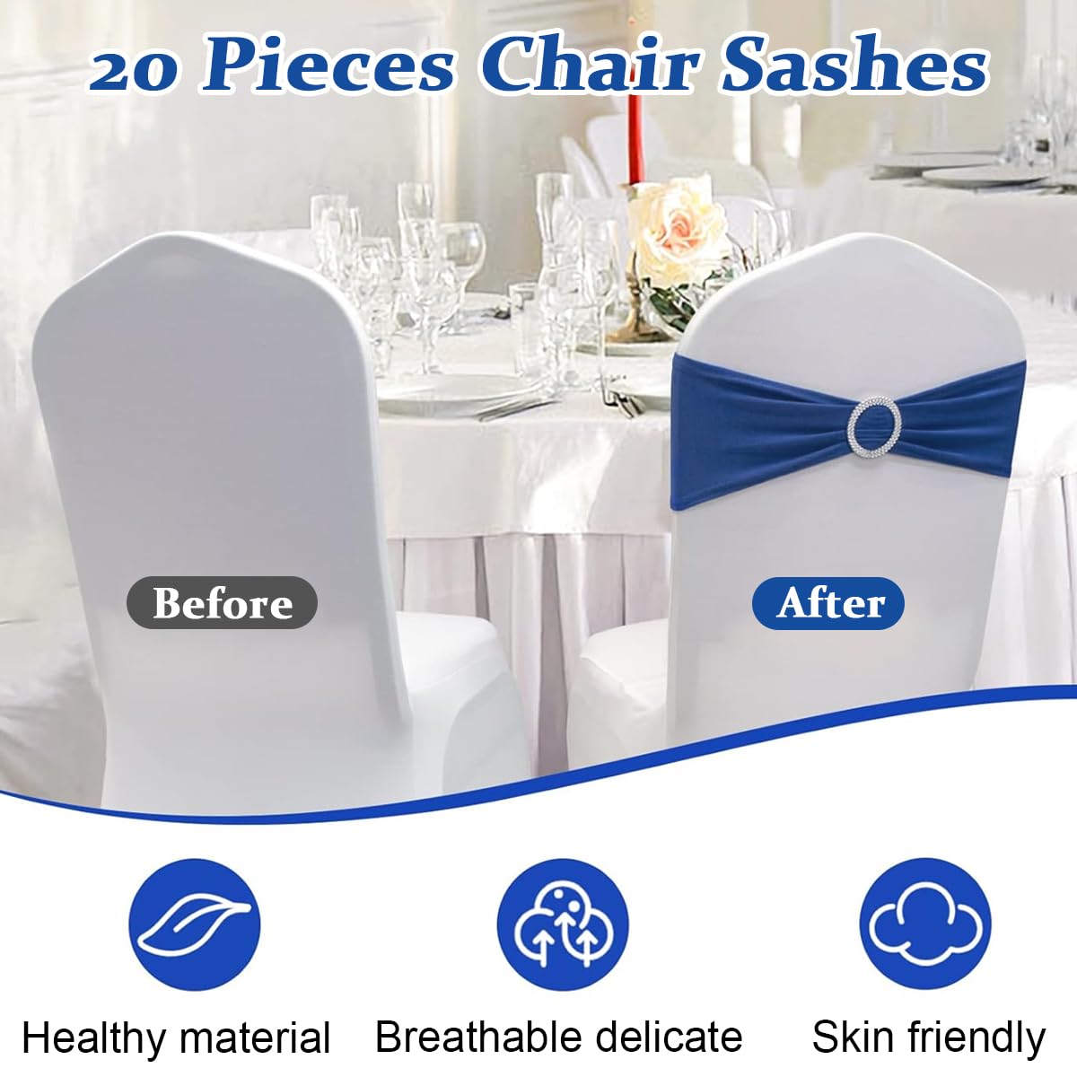HASTHIP 20Pack Chair Sashes Chair Bows Stretch Chair Sashes Spandex Chair Cover Band with Buckle for Wedding Hotel Banquet Birthday Party Home Decorations, Blue
