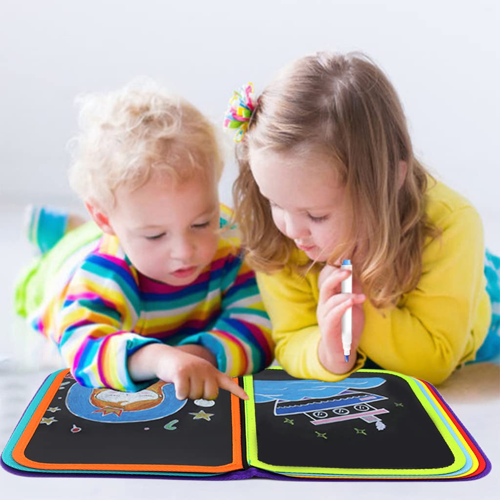 PATPAT Erasable Doodle Book for Kids Big Size Magical Reusable Drawing Book 14 Pages Reusable Drawing Pads with 12 Water-Soluble Chalk Markers Portable Writing Painting Xmas Gifts Set for Boys Girls