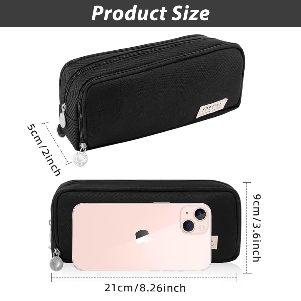 Climberty Large Capacity Pencil Case, 3 Compartment Pouch Pen Bag with 8 Elastic Pen Sleeves, 3 Zipper Portable Storage Pencil Pouch for School Teen Girl Boy Men Women (Black)