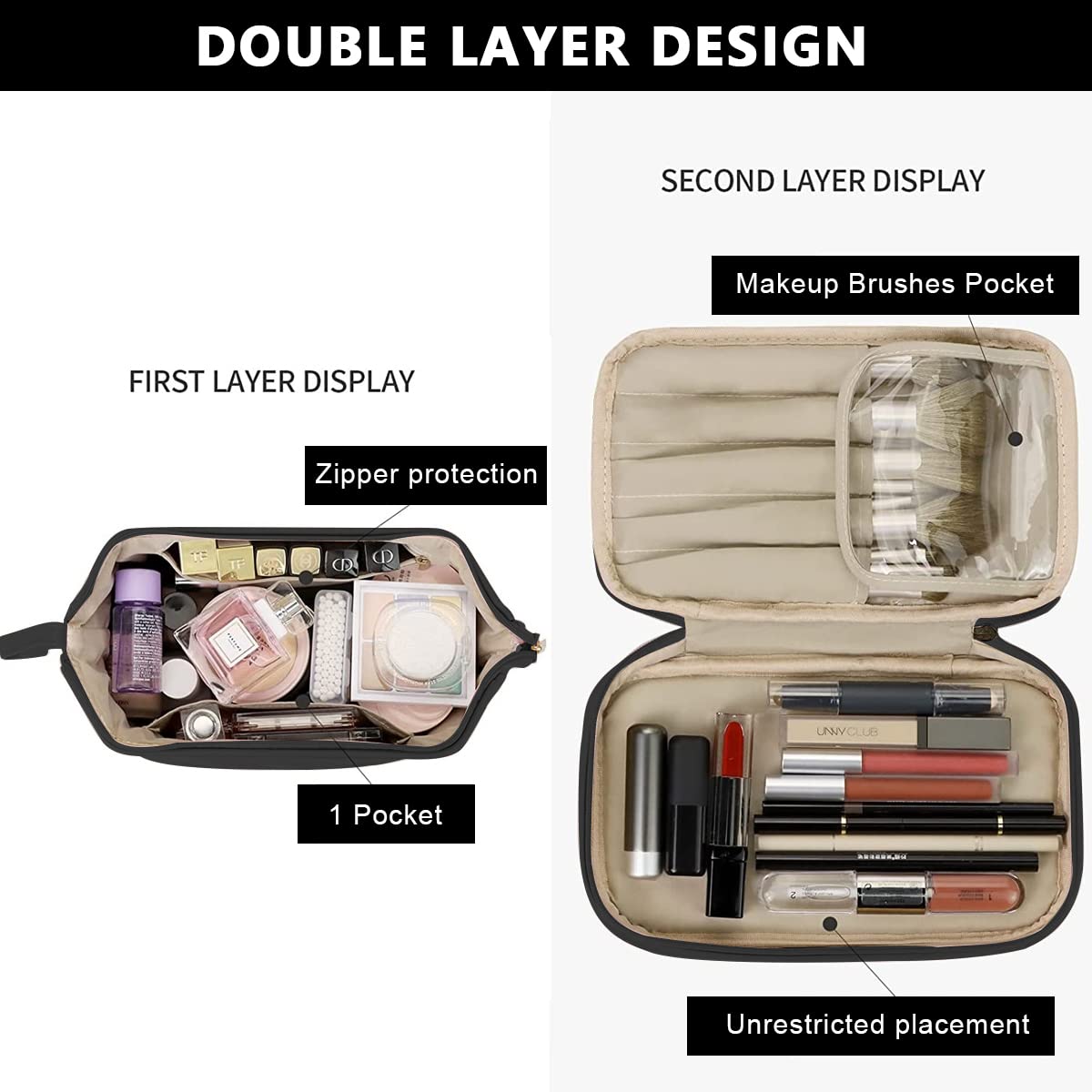 MAYCREATE Large Capacity Cosmetic Bag, Women's Makeup Travel Bag Portable Leather Cosmetics Bag with Handle, Double Layer Portable Zipper Toiletry Bag for Travel Makeup Organizer, Black