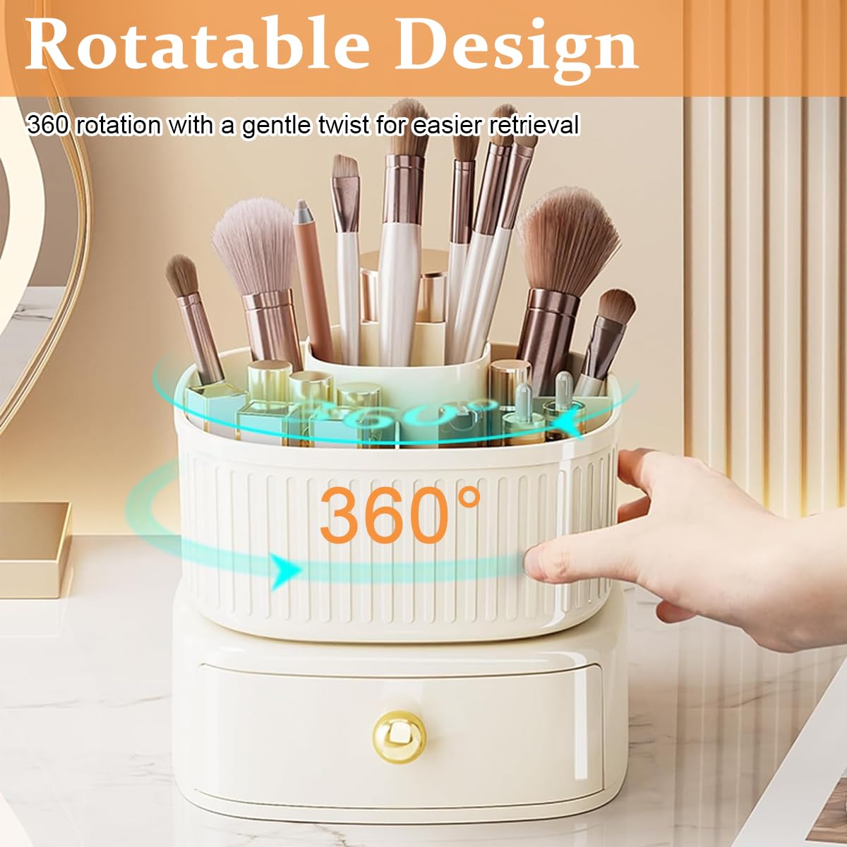 MAYCREATE Makeup Organizer Box, 360° Rotating Makeup Brush Holder with Drawer, Cosmetics Display Case Skincare Storage for Vanity Desktop Bathroom - Ivory