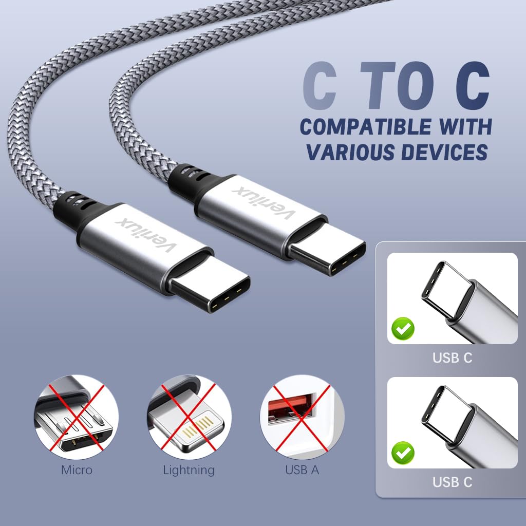 Verilux 60W USB C to USB C Fast Charging Cable 480Mbps Data Transfer 9.8Ft Nylon Braided Cable For Computer, Smartphone