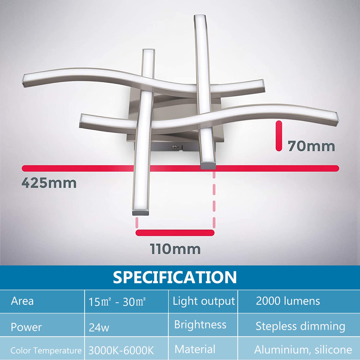 Verilux 3 Color Temperature LED Drop Ceiling Lights, 24W Modern Curved Design LED Ceiling Lamp with Remote Control, Metal Flush Mount Ceiling Lighting Fixture 4 Built-in LED Boards, Bulb base-E27