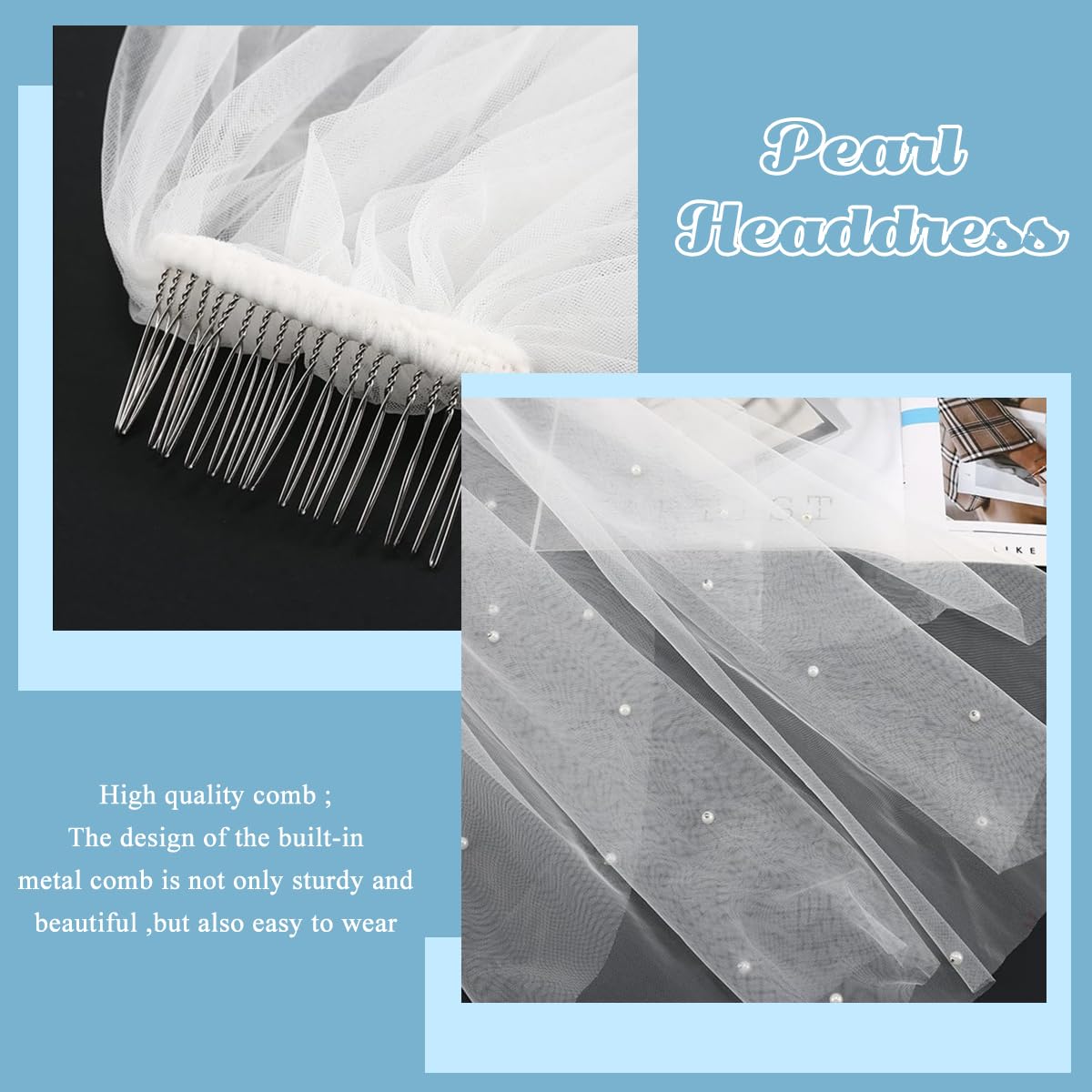 PALAY Pearl Bridal Veil for Wedding White 1 Tier 1m Cathedral Tulle Veil with Comb, Elegant Fingertip Length Wedding Veil for Bride