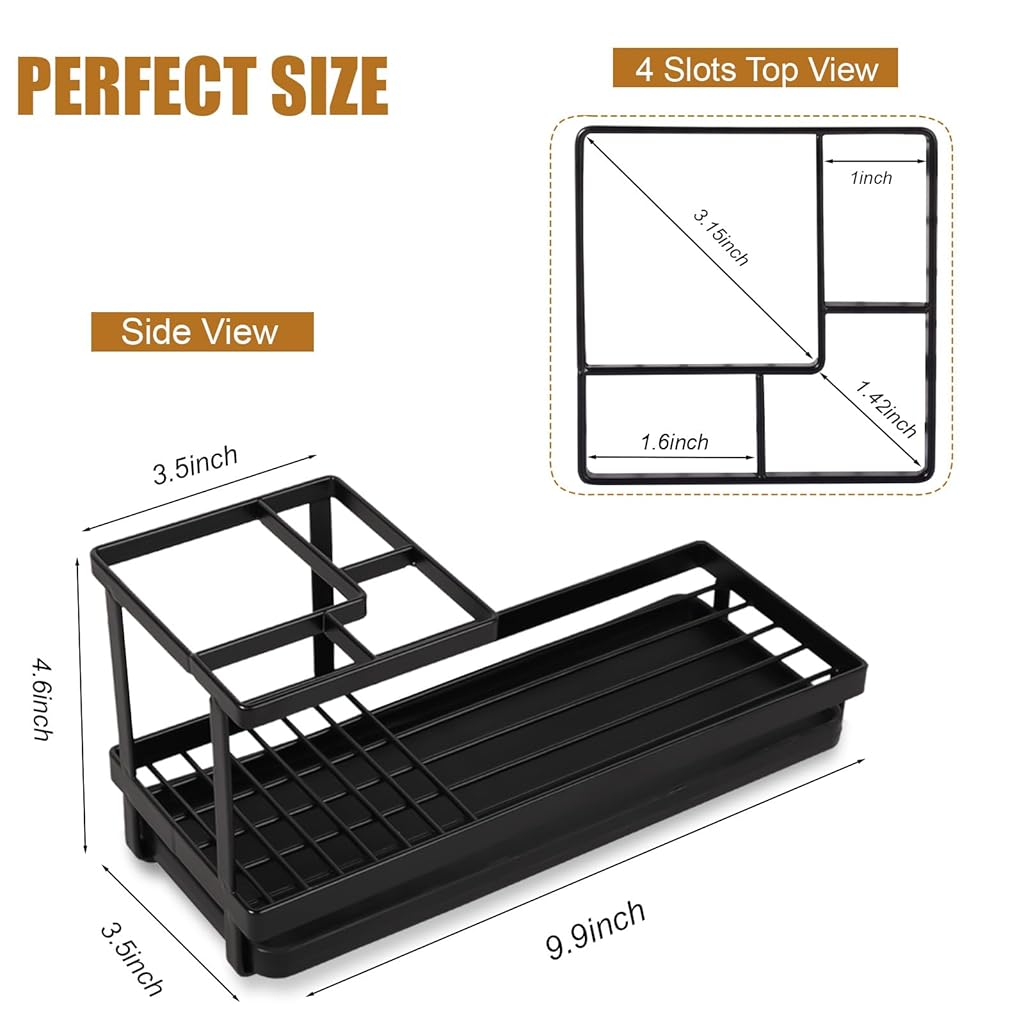 HASTHIP® Toothbrush Holder with Pull-Out Drip Tray, Water Cup Drain Organizer Rack for Bathroom, Modern Minimalist Metal Toiletries Stand, Multi-Grid Storage for Toothpaste & Cups, Durable, Black