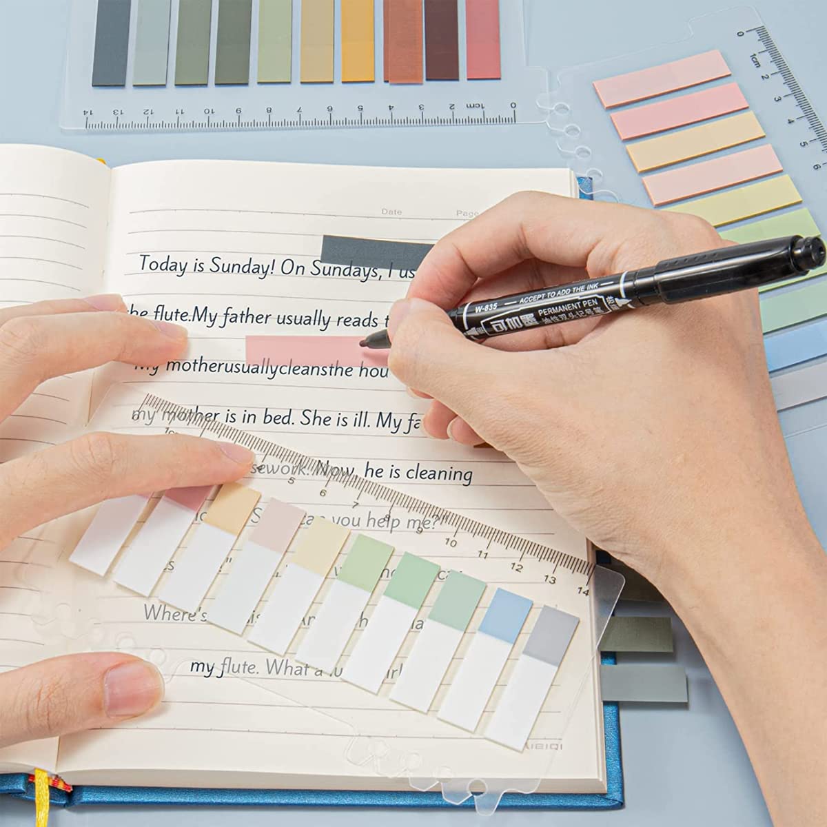 HASTHIP Sticky Tabs 60 Colors Sticky Tabs 600pcs Index Tabs Sticky Notes with Ruler Color Sticky Tabs for Notebook, Books, PET Material Page Tabs Sticky Flags File Index Tabs Office Stationery