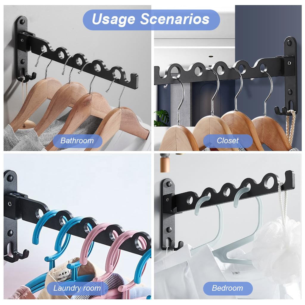 HASTHIP Wall Mounted Cloth Hanger with Folding Arm, Foldable 90°, Metal Aluminum Hangers for Clothes, Space Savers Folding Clothes Rack Hanger, Drying Rack for Bedroom, Bathroom, Balcony (Black)