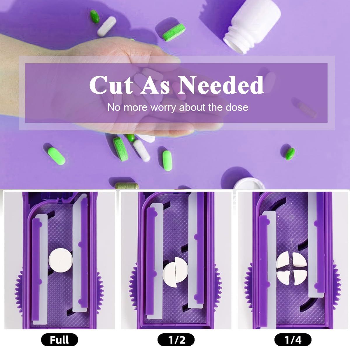 HANNEA Multiple Pill Splitter, Adjustable Pill Splitter Cutter with Accurate Pill Alignment, Stainless Steel Cutting Blade and Blade Guard for Multi Tablets, Vitamins, Purple