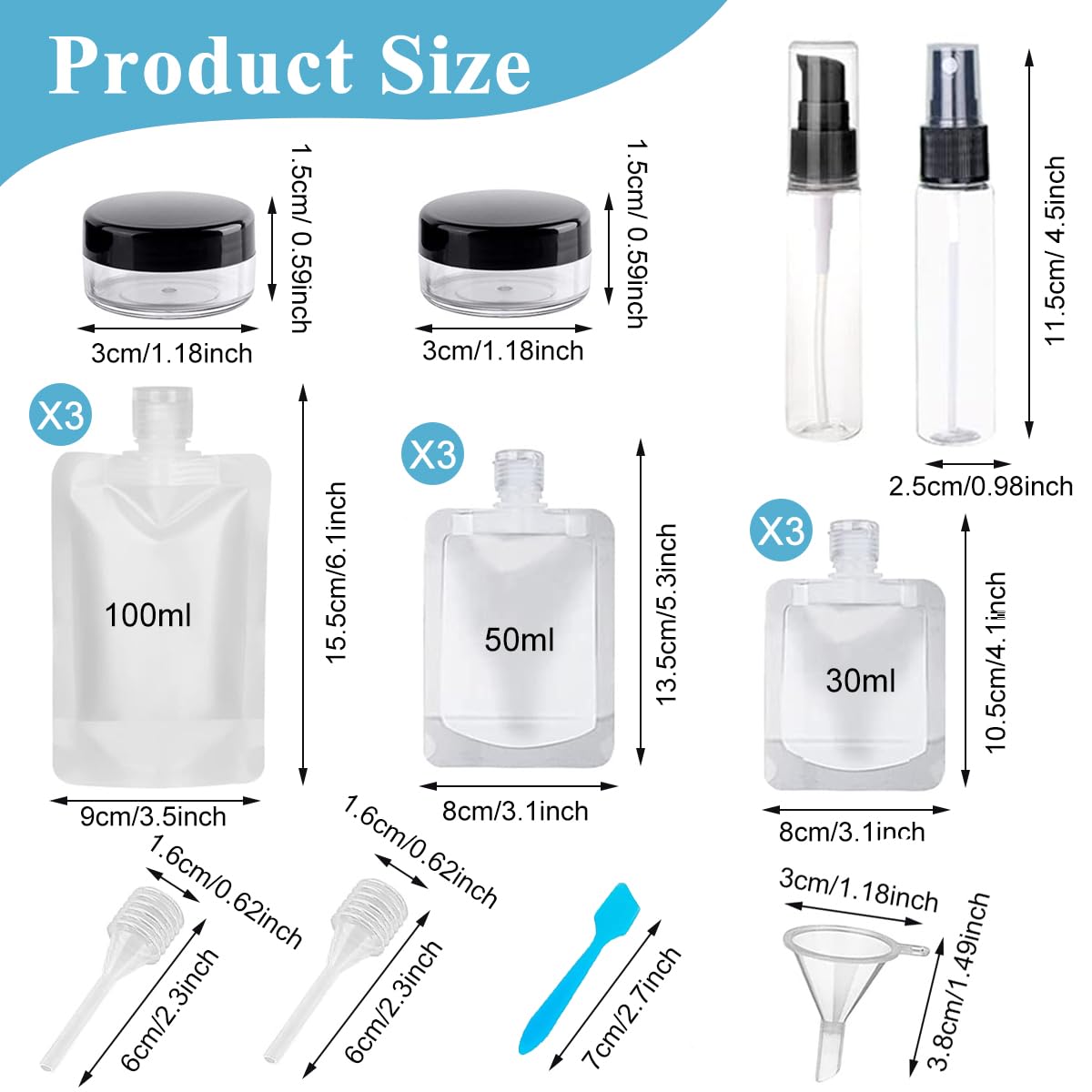 MAYCREATE Travel Pouch for Toiletries Set of 17Pcs, Refillable Travel Bottles 30/50/100ml Stand Up Pouches with Cream Jar, Perfume Bottles & Tools Travel Accessories Kit