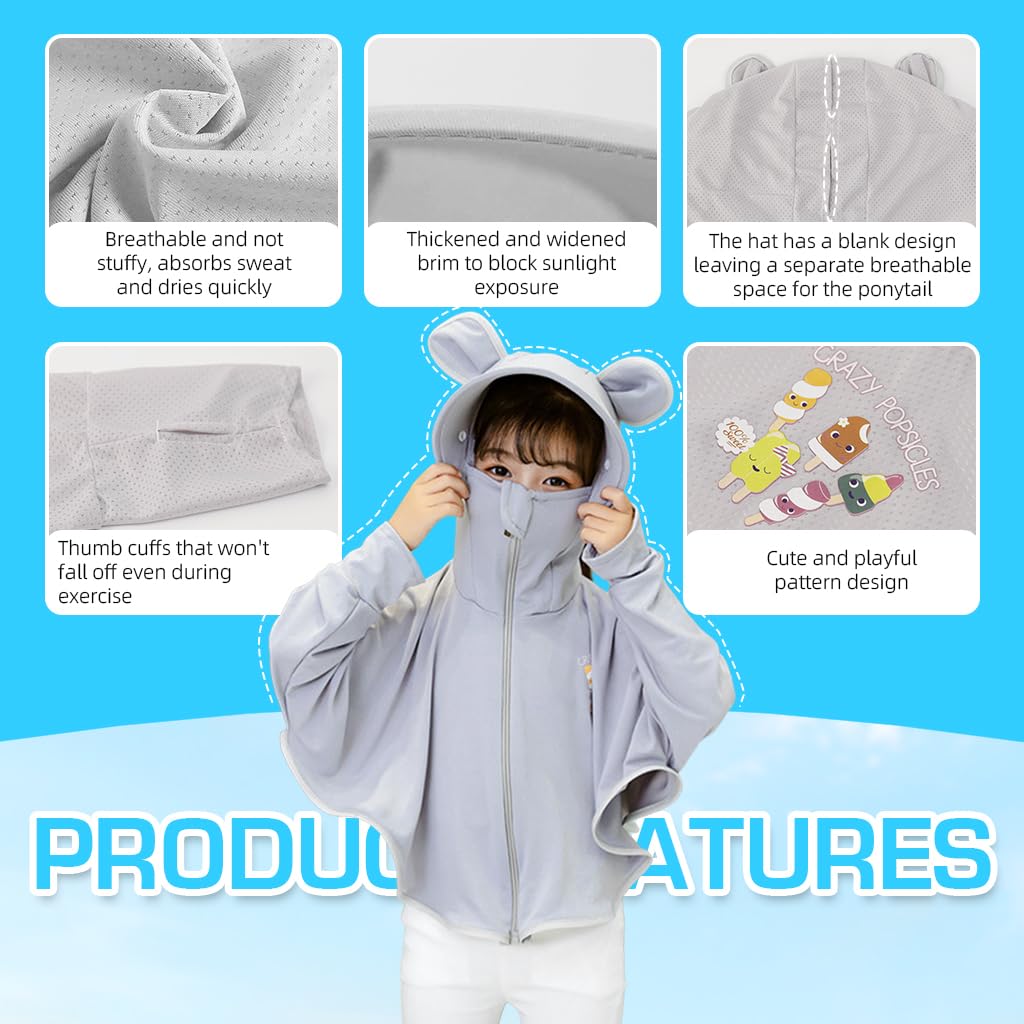 PALAY Sun Protection Hoodie Toddler UV Protection with Protective Goggles Jacket Girls Long Sleeve Shirt UPF50+ Lightweight Hoodie with Thumb Hole 3-12Years(Suggested height of 120-140cm grey)