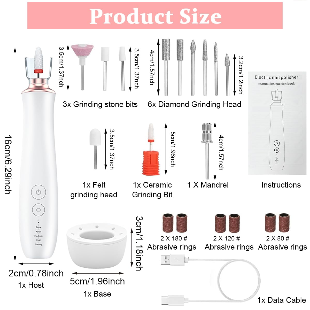 MAYCREATE USB Nail Drill Machine with Drill Bits Multifunctional Nail Drill Machine with 5 Speed Acrylic Nail Polishing Kit with Charging Base Anti-splash Nail Drill Machine for Nail Art