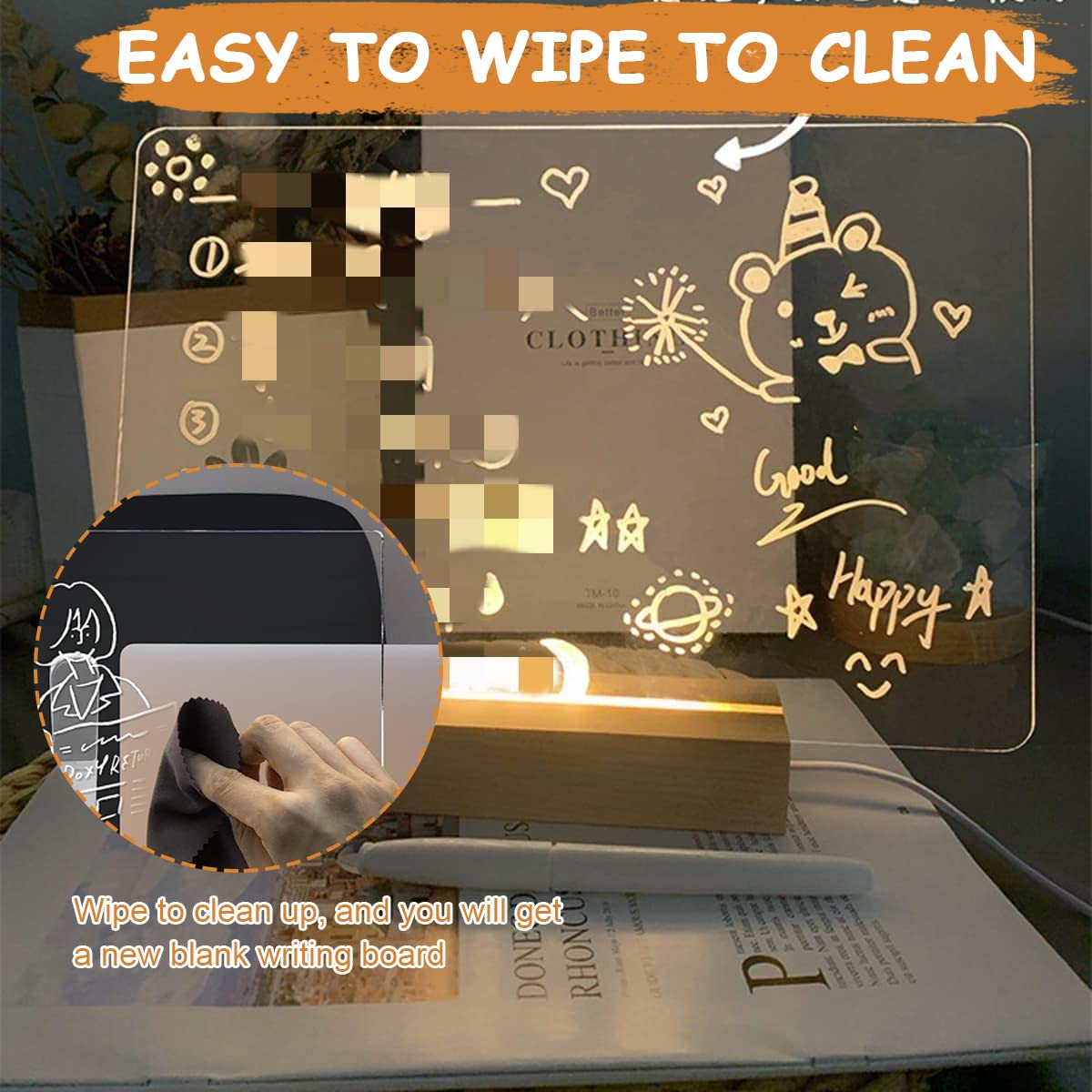 Climberty 3D Acrylic Writing Board with 7 Color Pen, 11.8'' X 7.9'' USB Light up Dry Erase Board with Wood Base, Rewritable Acrylic Writing Board for Leaving Messages, Daily Schedules, Plans, Notes