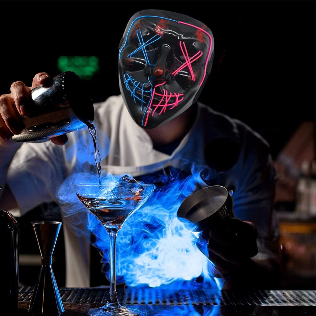 PATPAT Halloween Light Up Mask LED Mask EL Wire Scary Mask for Halloween Festival Party ,Masquerade Cosplay Light Up Face Mask for Men Women Kids (Half Blue & Pink)