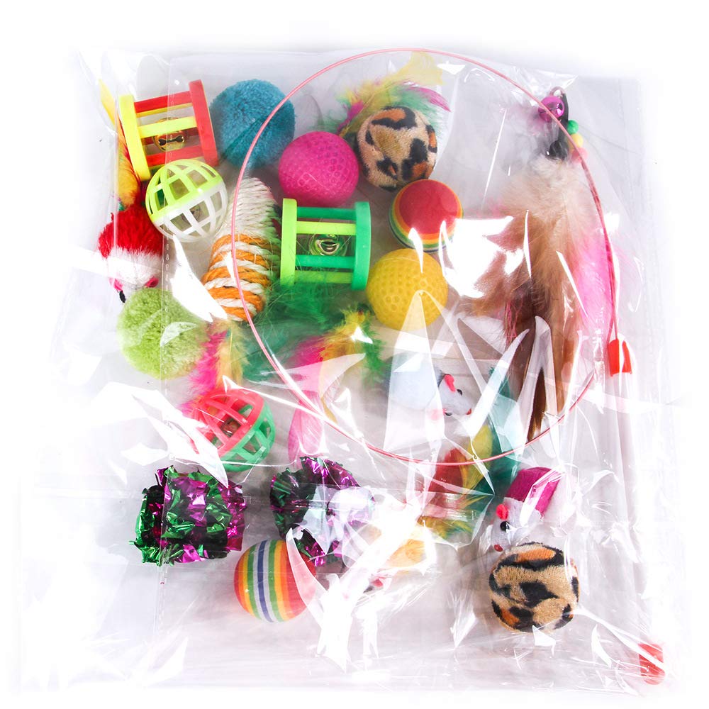 Qpets Cat Toys Kitten Toys Cat Toy for Indoor Cats Cat Feathers Wand Cat Interactive Toys Set with Mouse Mice Balls and Bells Toys for Cats Kitty Kitten Cat Games and Toys (20 Pcs) (Red)