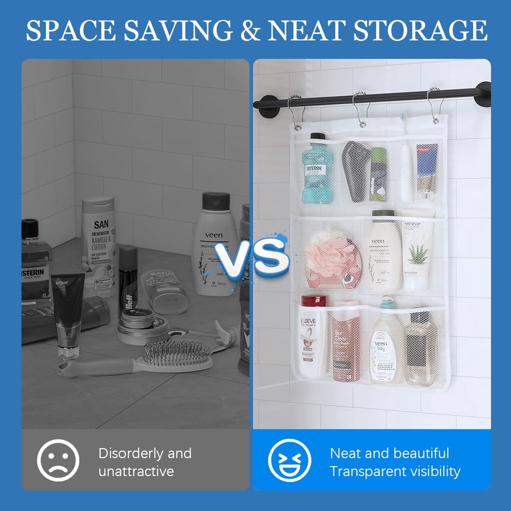 HASTHIP Bathroom Organizer Bag 6-Pocket Mesh Hanging Organizer for Shower Curtain Rod Mesh Shower Organizer Bag Quick Dry Mesh Shower Organizer Space Saving Bathroom Organizer Pouch