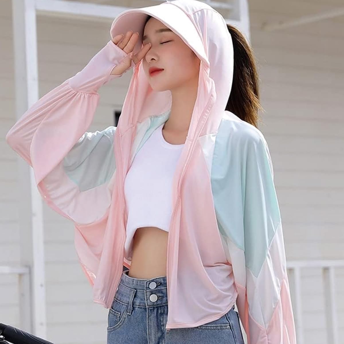 PALAY Sun Protection Hoodie for Women Sun Protection Hoodie Jacket Full Zip UPF 50+ UV Block Clothing with Brim for Running Hiking Outdoor Quick Dry, Pink