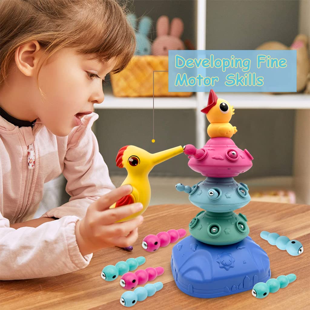 PATPAT Stacking Toy Magnetic Toys for Kids Fine Motor Skill Toys for Kids Electric Rotatable Toddler Woodpecker Catch and Feed Game, Bird Caterpillars Toy Set Montessori Toys for 3 Year Old Boy