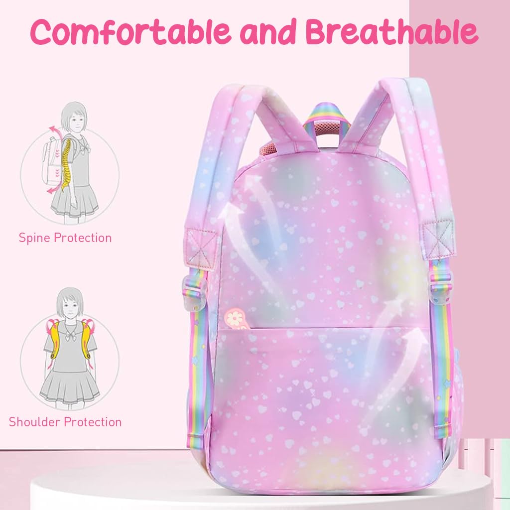 PALAY School Backpacks for Girls Stylish School Bags for Girls Kids 7-12 Years Old Cartoon Water Resistant Backpack Durable Burden Relief School Bag Children's Day Birthday Gift for Girls - Pink