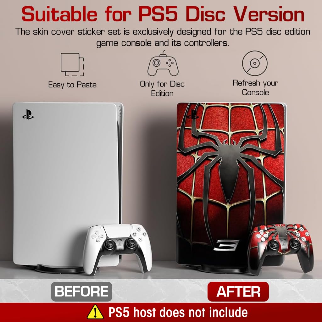 ZORBES Skin Cover Sticker for PS5 Disc Edition Game Console and Controller Spiderman Themed Skin Cover Vinyl Sticker Creative Anti-Scratch Sticker for PS5 Disc Edition Game Console and Controller