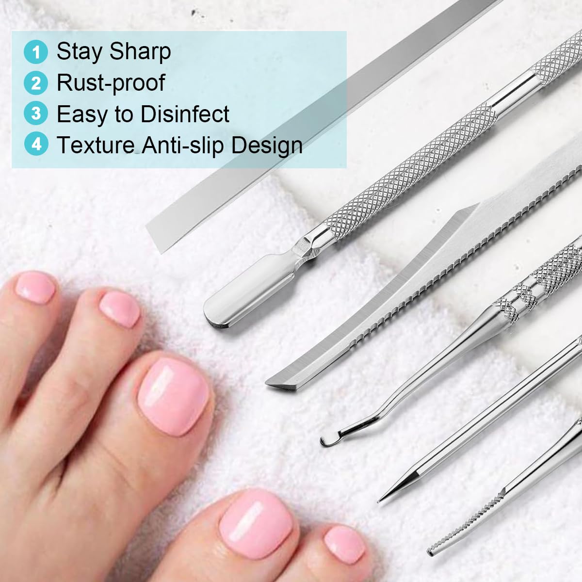 MAYCREATE 6pcs Ingrown Toenail Tool, Toenail File and Lifters, Foot Skin Scraper Surgical Stainless Steel Ingrown Toenail Removal Tool Kit, Nail Cleaner Tools with Box
