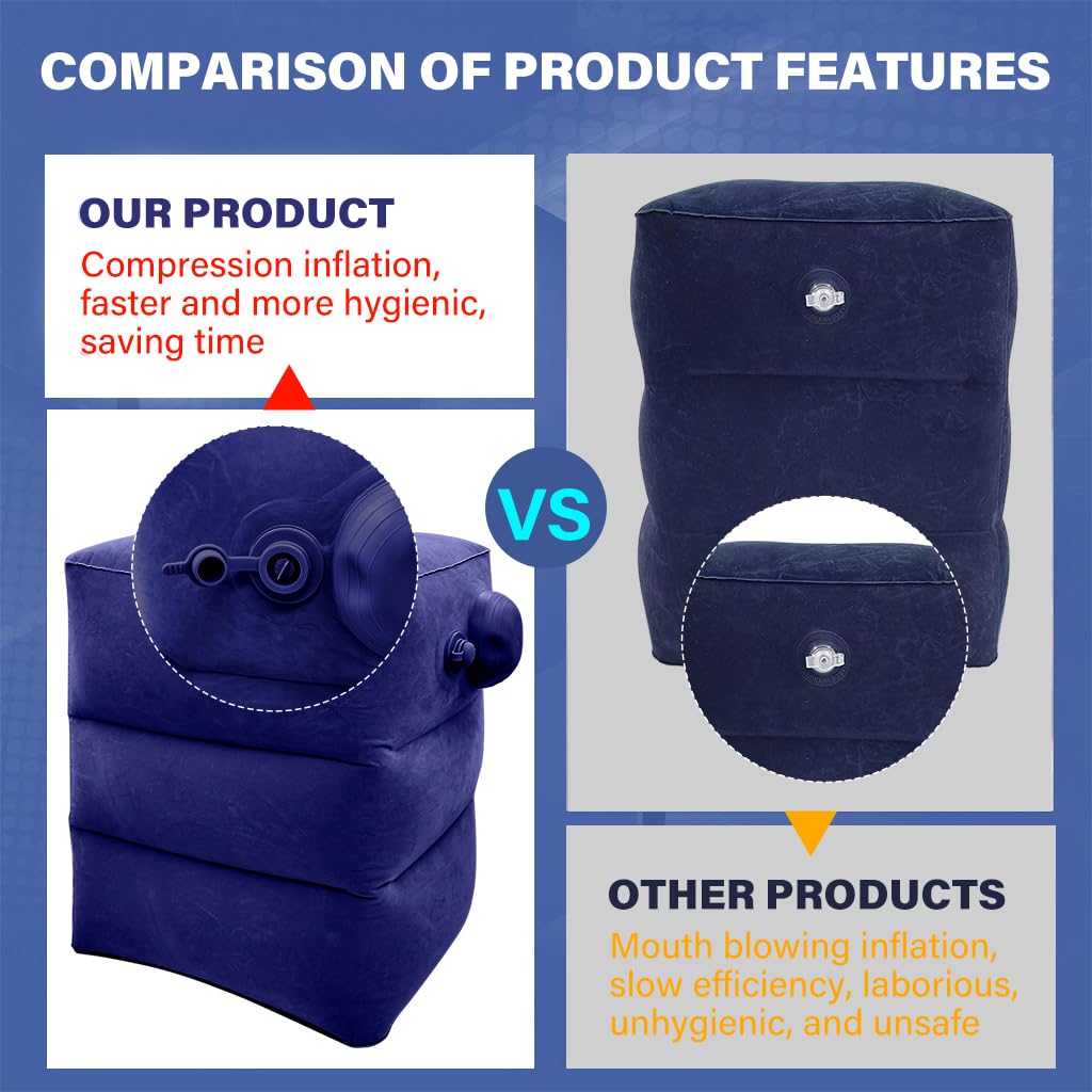 HANNEA Inflatable Travel Foot Rest Pillow, Air Travel Pillow Footstool Seat Foldable Travel Pillow for Flight Home Office Footstool Self-inflatable Air Travel Pillow for Adult Kids, Dark Blue