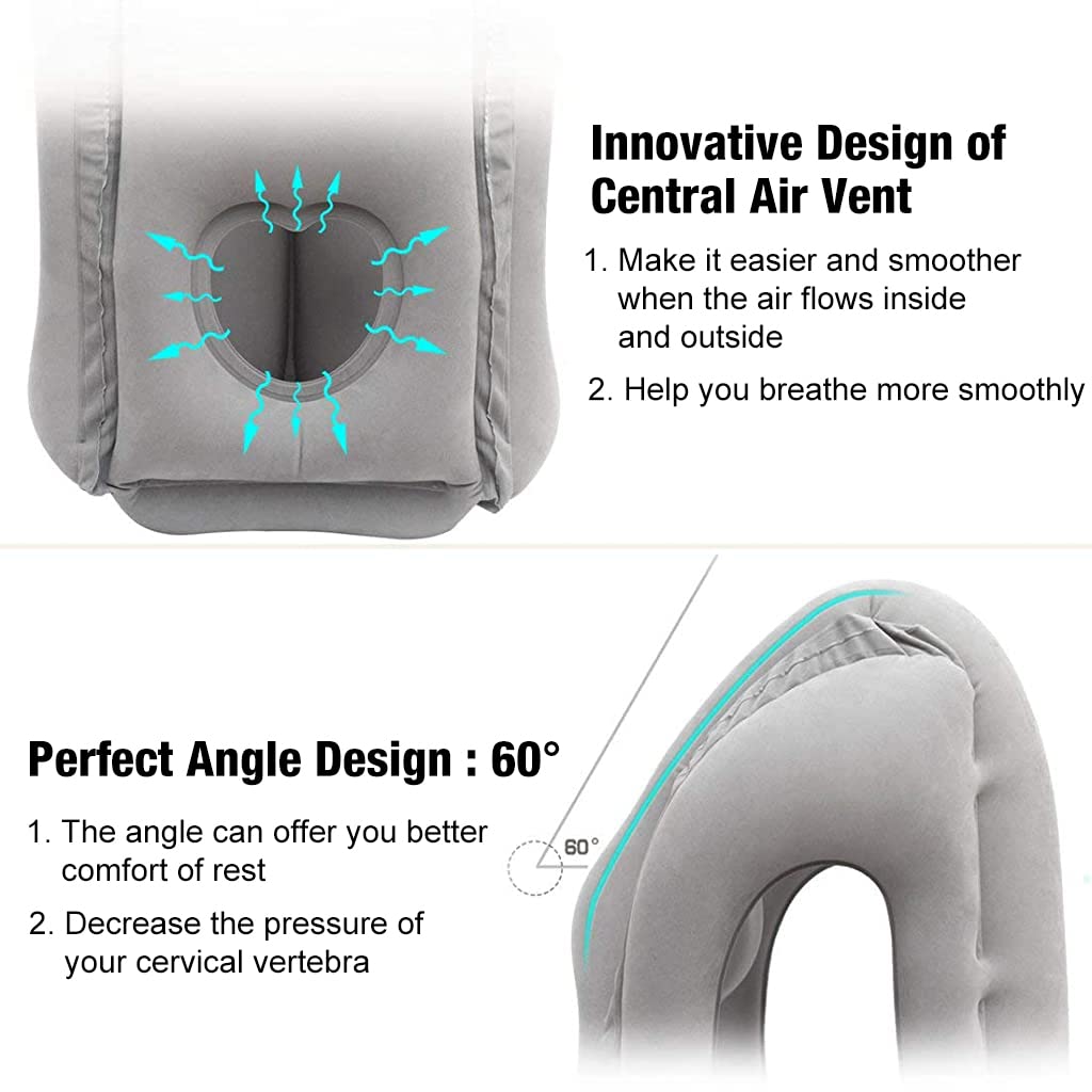 HANNEA Inflatable Travel Pillow, Inflatable Neck Air Pillow for Sleeping, Support Head, Chin, Neck and Lumbar, Avoid Neck & Shoulder Pain, Comfortable for Airplane, Car, Polyvinyl Chloride, Grey
