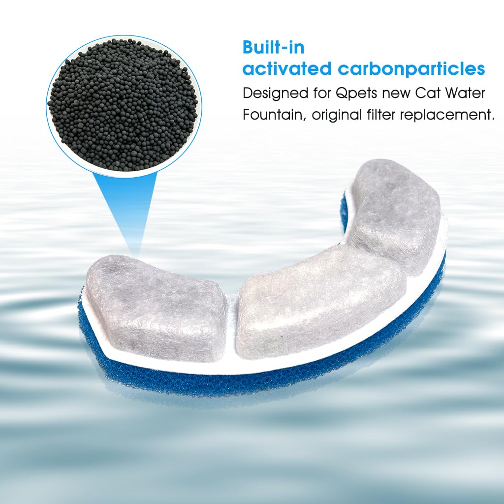 Qpets 6 PCS Cat Water Fountain Filters Replacement, Cat Fountain Water Arc-Shaped Fliters, Activated Carbon & Nano Bubble Cotton Filtration System, Keep Water Clean Fresh for Cat Fountain
