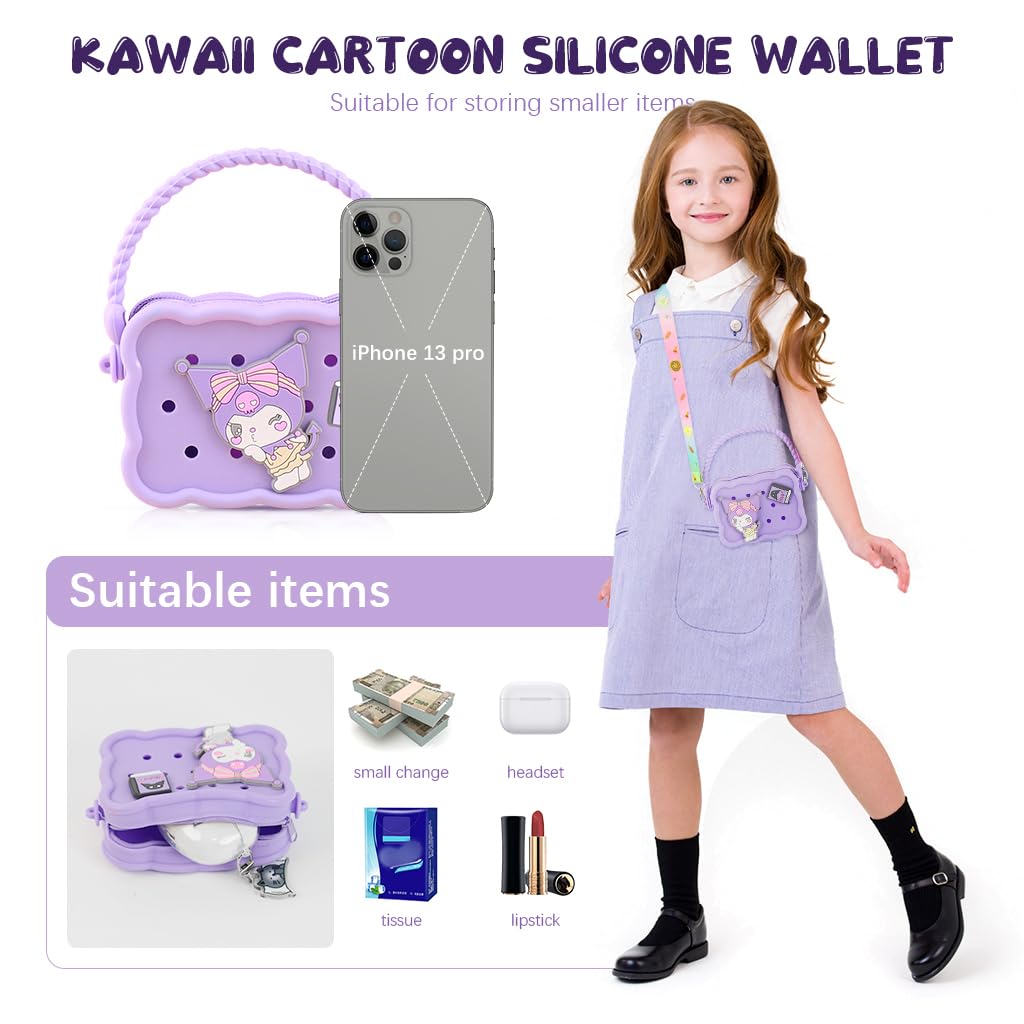 PATPAT Kawaii Girls Bag Cartoon Kuromi Purse Bag Silicone Kids Beach Bag Mini Hand Bag DIY Charming Purple Silicone Hand Bag for Girls Birthday Gift for Kids, 12x9cm