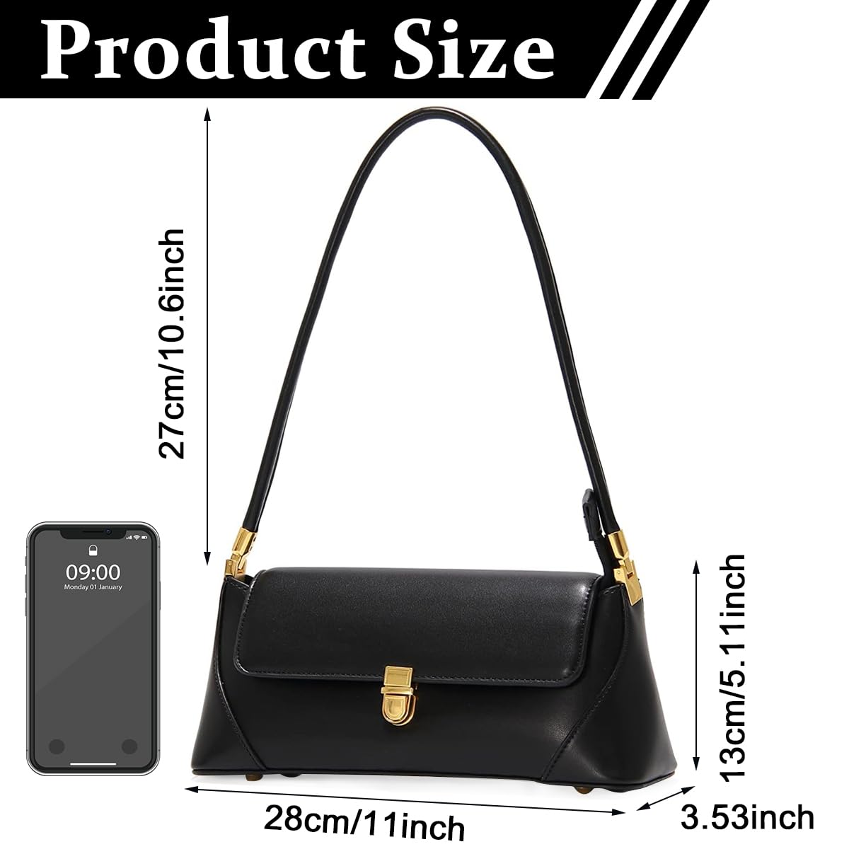 PALAY Women Handbag PU Leather Fashion Shoulder Bags Metal Snap Buckle Closure Design Small Purse Vintage Handbags, Black