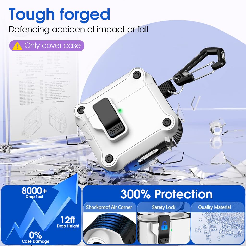 ZORBES Skin Cover for AirPods 4th Gen Charging Case, TPU Anti-Scratch Case Cover with Safety Lock & Carabiner Fashion White Earbud Charging Case Cover, No Earbuds and Charging Case Included
