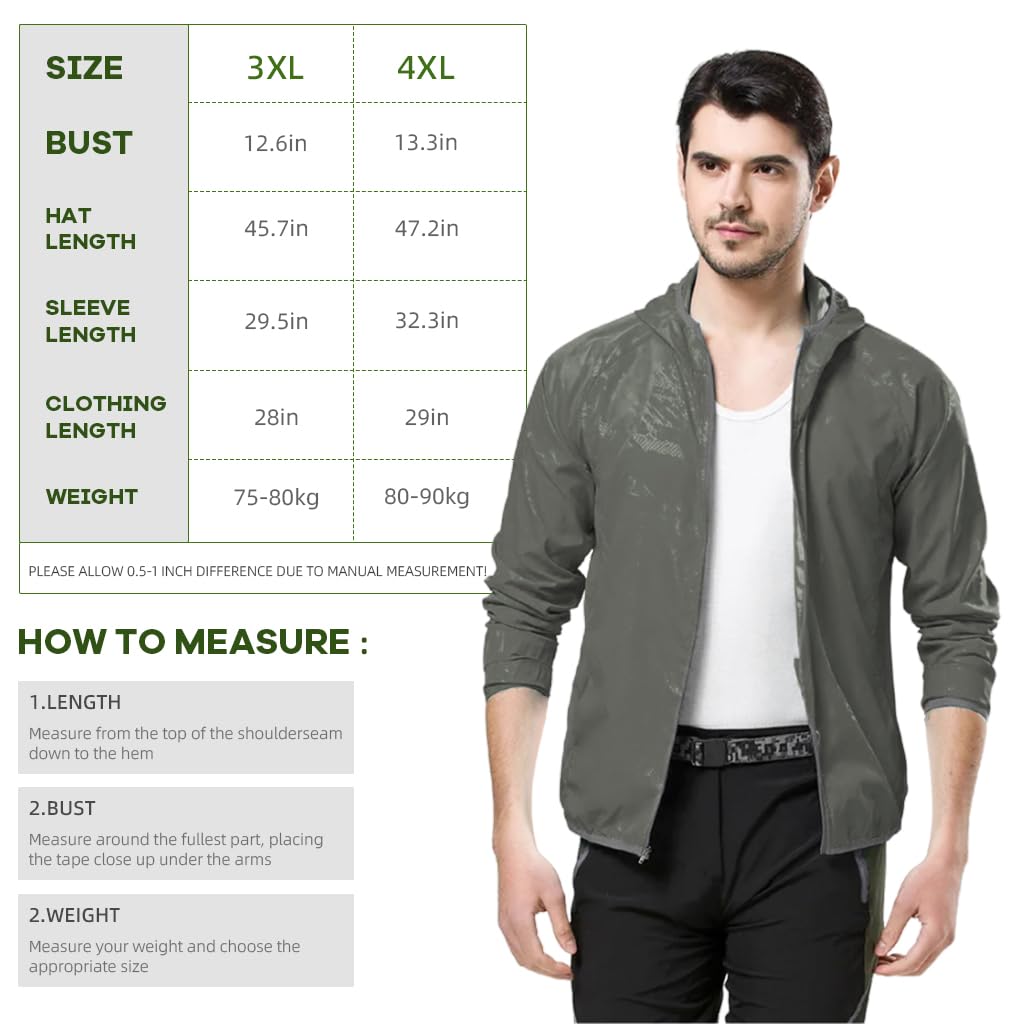GUSTAVE Men Waterproof Jacket Summer UV Protection Jacket Ultra Light Outdoor Hoodie Jacket Camping Rainproof Sun UV Protection Jacket Quick Dry Long Sleeve Jacket for Camping, Hiking, 3XL