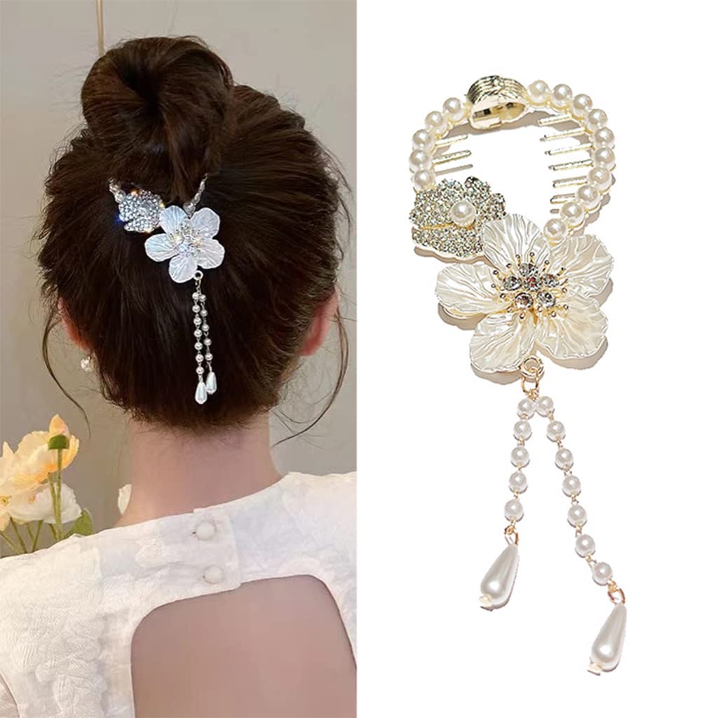 PALAY Tassel Hair Bun Accessories for Women, Pearl Flower Hair Bun Clips, Trendy Hairstyle Claw Hair Clips for Buns, Metal Rhinestone Bun Holder for Party or Daily Use
