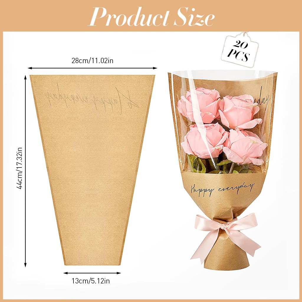 HASTHIP 20Pcs Flower Wrapping Paper Small Bouquets Wrapping Paper 17.3 Inches Brown Letter Print Packing Paper Art Craft Wrapping Paper for Small Bouquets