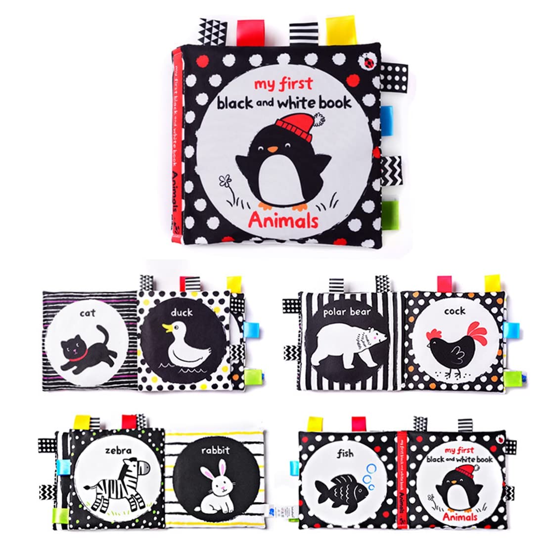 SNOWIE SOFT First Baby Cloth Book for Babies High Contrast Black and White Interaction Book,Cartoon Animal Theme,Cloth Books for Baby Early Education Vision Development for 3-12 Months