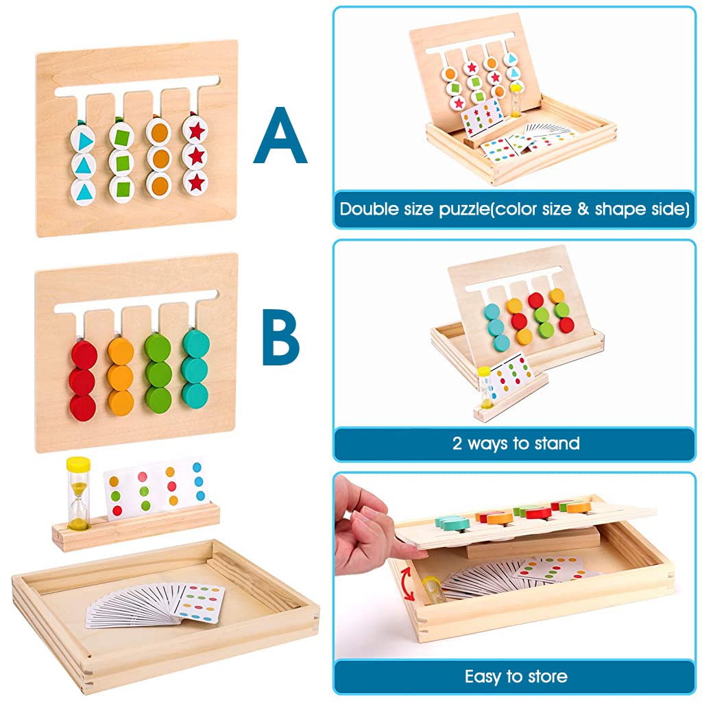 PATPAT Brain Games For Kids Learning Toys Slide Puzzle Color&Shape Matching Brain Teasers Logic Game Preschool Montessori Educational Wooden Toys For Kids Boys Girls Age 3 4 5 6 7 Years Old|Pack of 1