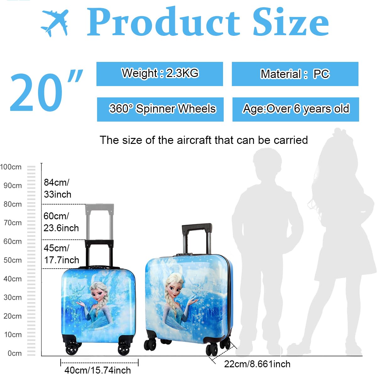 PALAY Kids Travel Luggage 20'' Wheeled Luggage with Combination Password Lock Sturdy PC Travel Suitcase Cute Cartoon Elsa Carry-on Wheeled Luggage Travel Roller Luggage School Gift for Students